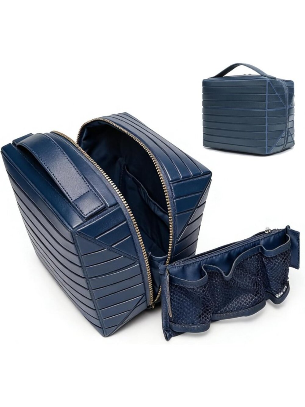 Large Navy Blue Fold Down Makeup & Toiletry Bag Organizer for Travel Essentials